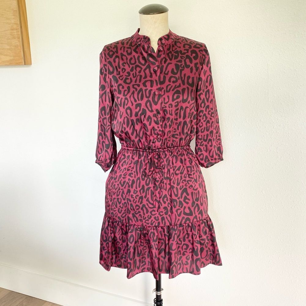 Rebecca Minkoff Ollie Dress With Sleeves Leopard Burgundy Size XXS will fit XS